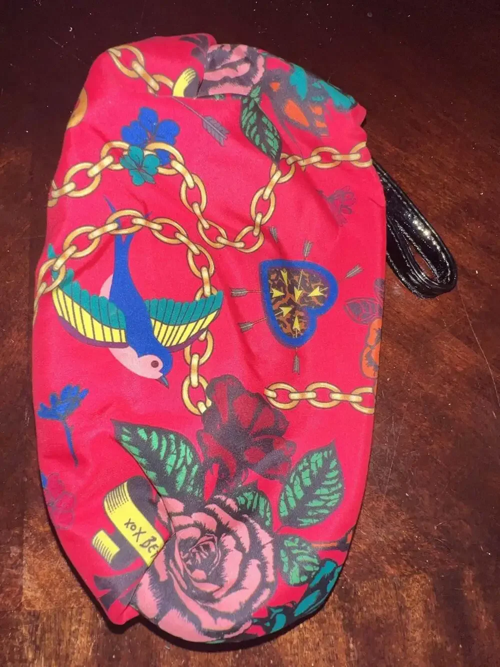 Betsey Johnson Red Floral Chain Tattoo Print Cosmetic Bag Wristlet